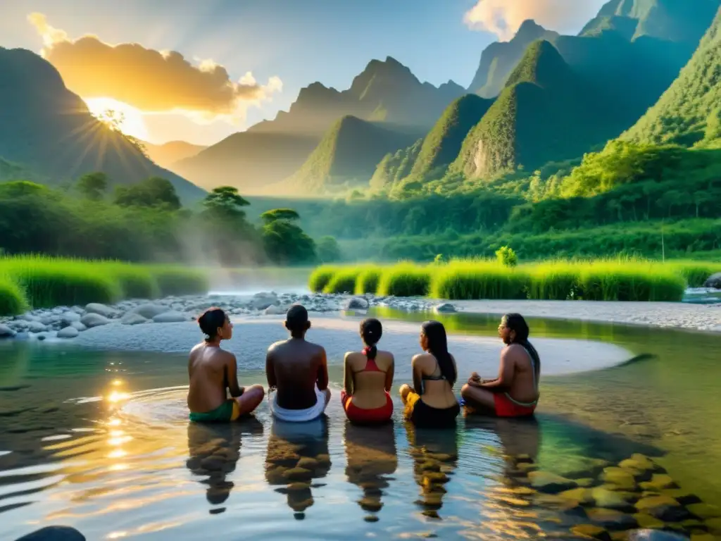 Ritos culturales de purificación con agua: Indígenas realizan ritual en río cristalino al atardecer, conectados con la naturaleza