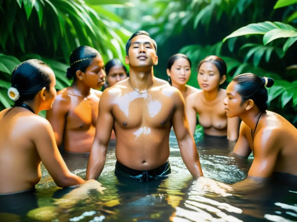 Ritos culturales de purificación con agua: Participantes se bañan con cuidado en un ritual rodeados de exuberante vegetación