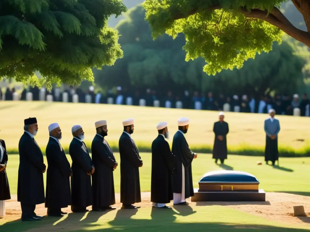 Ritos funerarios islámicos Janazah: Grupo de dolientes en un cementerio, el imam dirige una ceremonia solemne bajo la suave luz del sol, en un ambiente de profunda reverencia y tradición