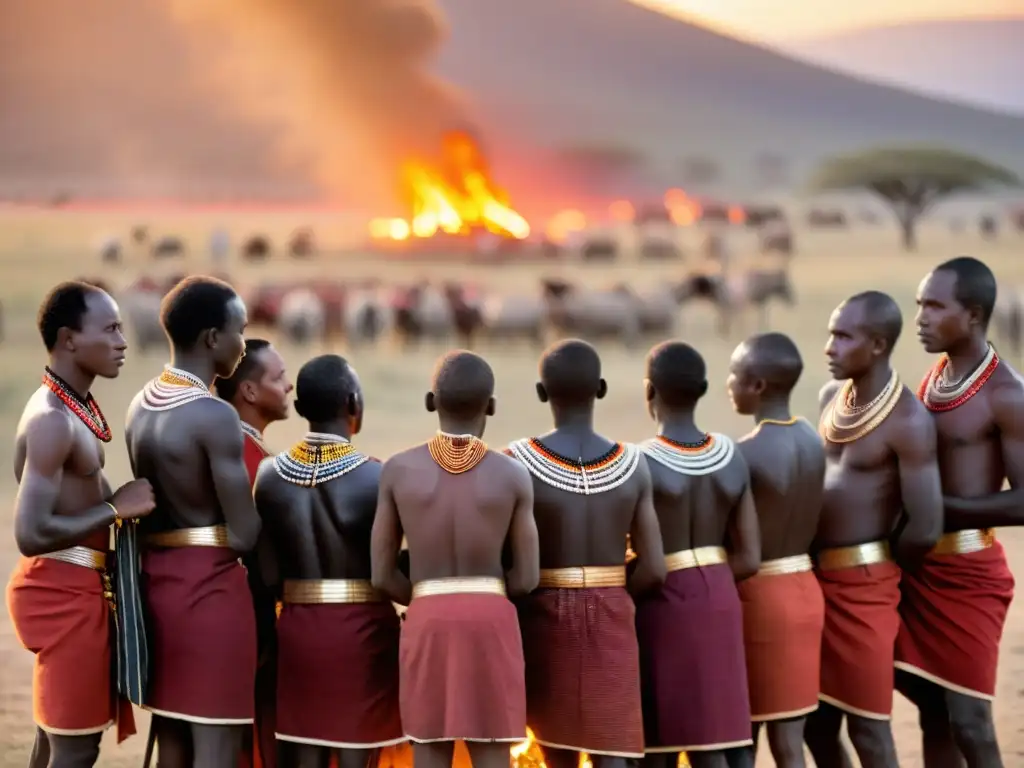 Ritos de iniciación tribu Maasai: Jóvenes en ceremonia alrededor del fuego, atuendos tradicionales y rostros pintados