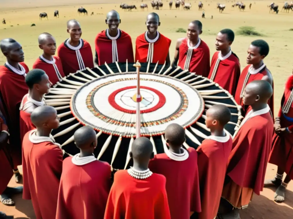 Ritos de iniciación tribu Maasai: Jóvenes guerreros en ceremonia tradicional al atardecer en la sabana africana