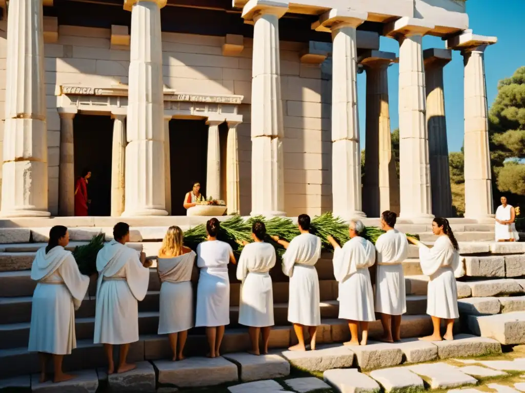 Ritos de limpieza en Grecia: Devotos realizan antiguos rituales de purificación frente al templo de Hestia, bañado en cálida luz solar