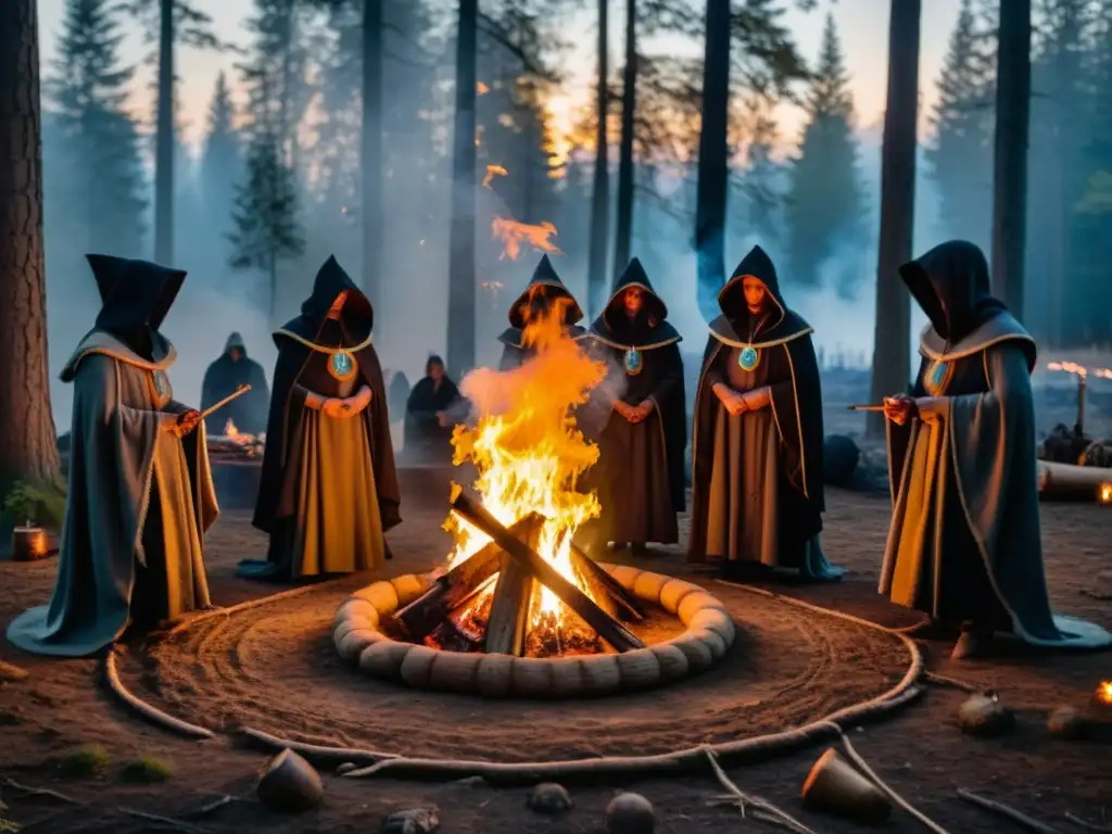 Ritos misteriosos en la cultura celta: Figuras encapuchadas alrededor de una fogata en un bosque oscuro, realizando un ritual ancestral