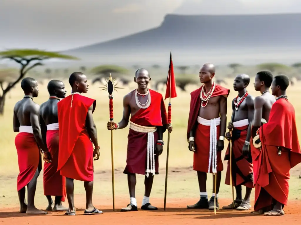 Ritos de pasaje Masái en la sabana africana: Jóvenes guerreros Masái con atuendos tradicionales y un anciano liderando un ritual bajo el sol africano