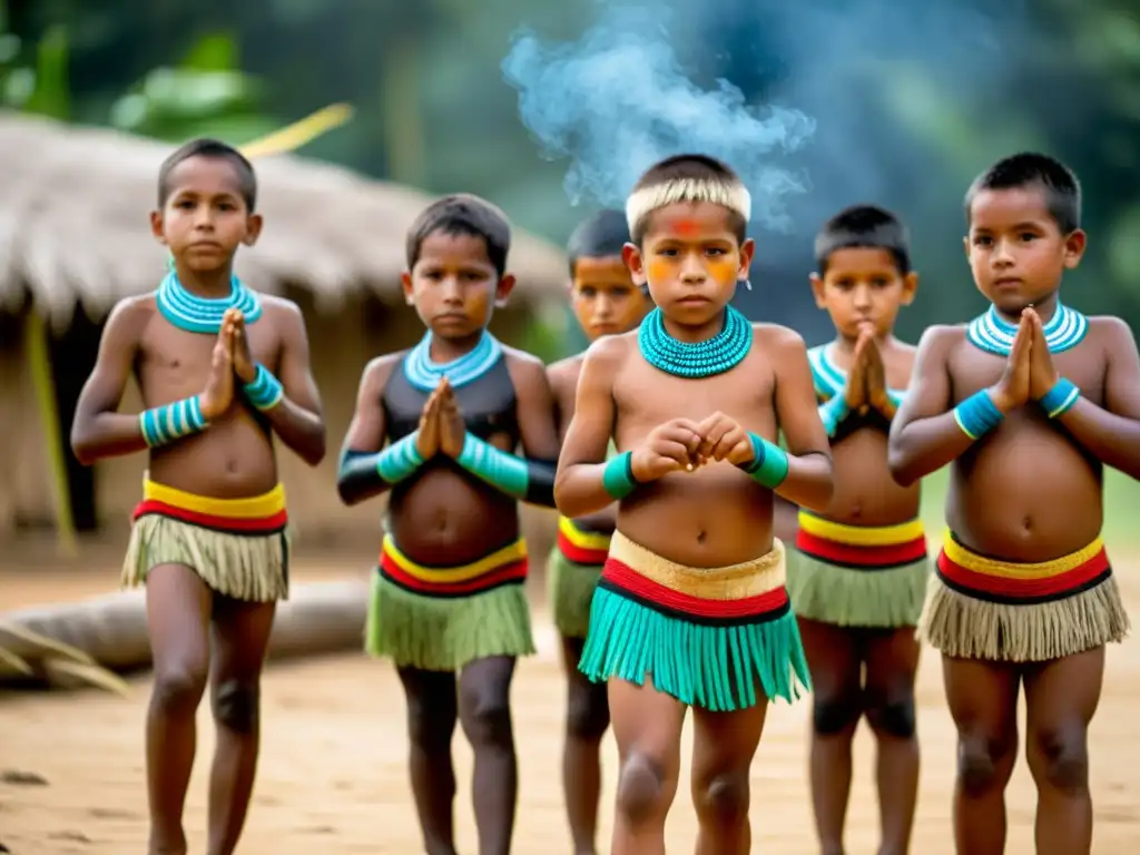 Ritos de pubertad en culturas: Jóvenes Embera danzan alrededor del fuego con atuendos y pinturas tradicionales, mientras los ancianos los guían