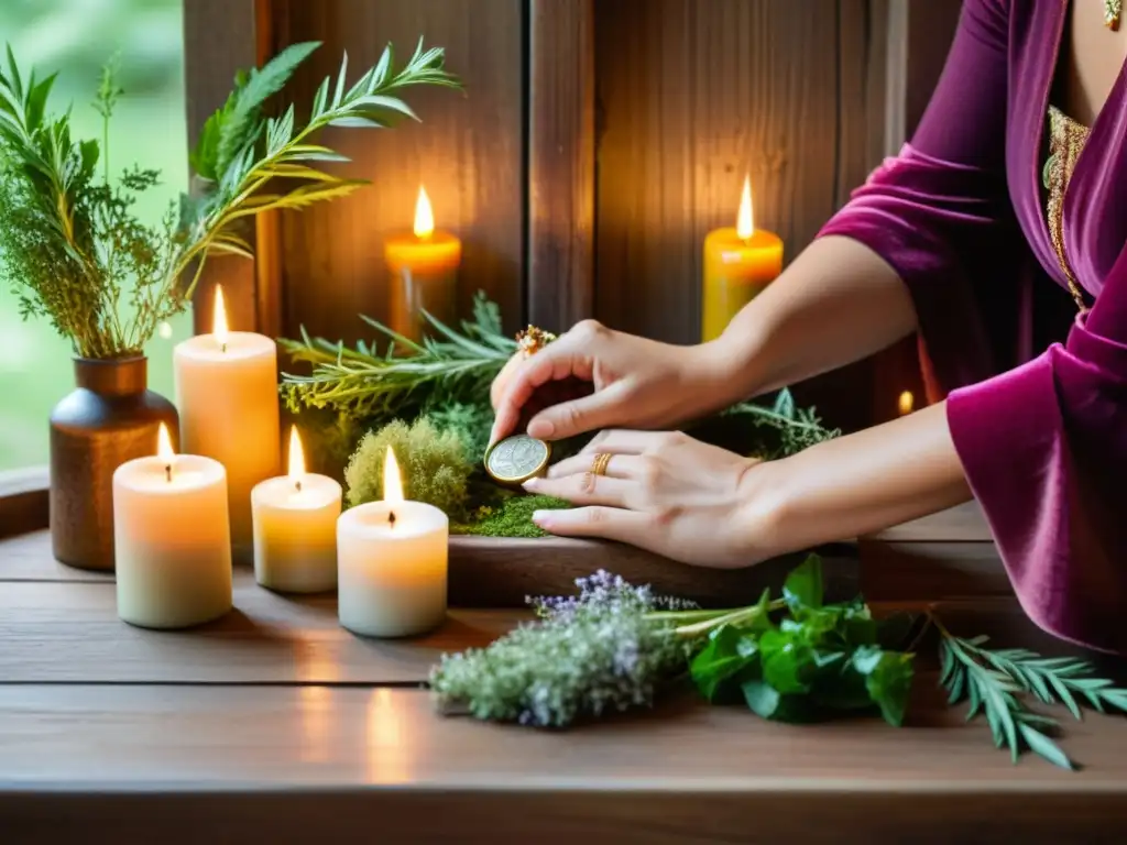 Un ritual para atraer abundancia monetaria: manos arreglan hierbas y velas en un altar de madera, con luz natural