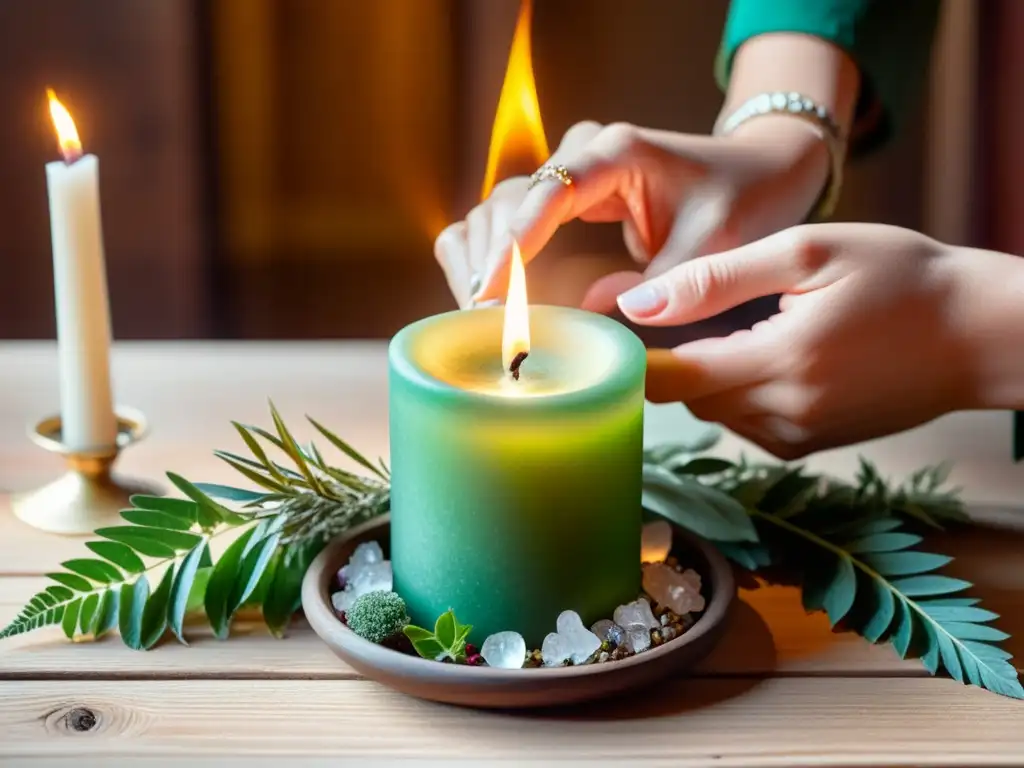 Un ritual de abundancia con velas verdes: manos encendiendo una vela rodeada de hierbas y cristales en un altar de madera, creando una atmósfera serena y mágica