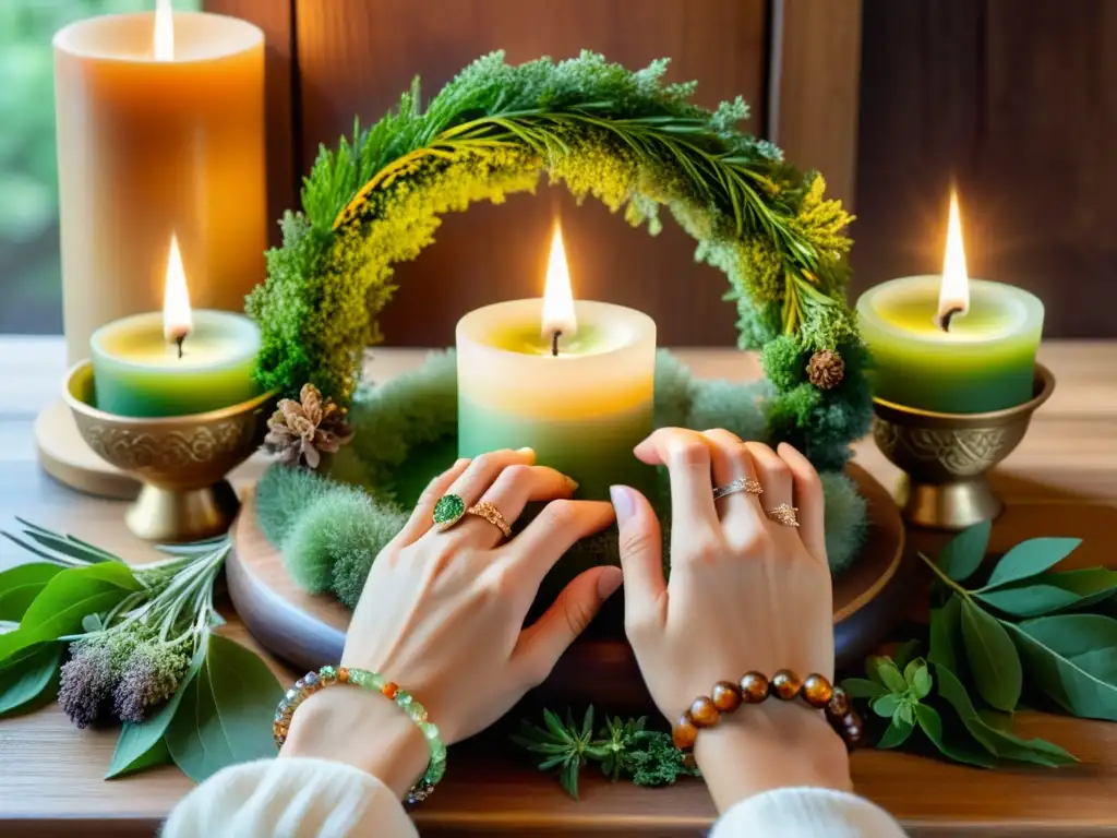 Un ritual de abundancia con velas verdes encendidas en un altar de hierbas y cristales, iluminado por una cálida luz