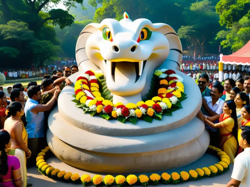 Celebración del ritual de adoración de serpientes en India, con ofrendas florales y gente reverente y alegre