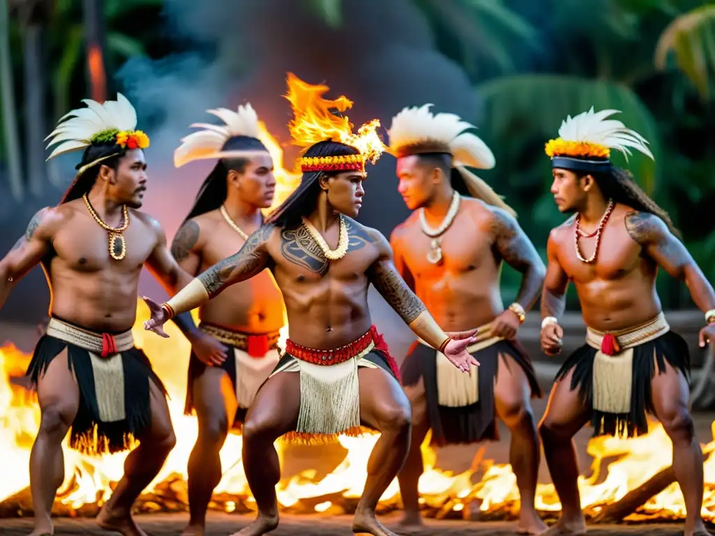 Ritual ancestral de danzas polinesias alrededor del fuego en la noche oscura, con expresiones fieras y movimientos hipnóticos