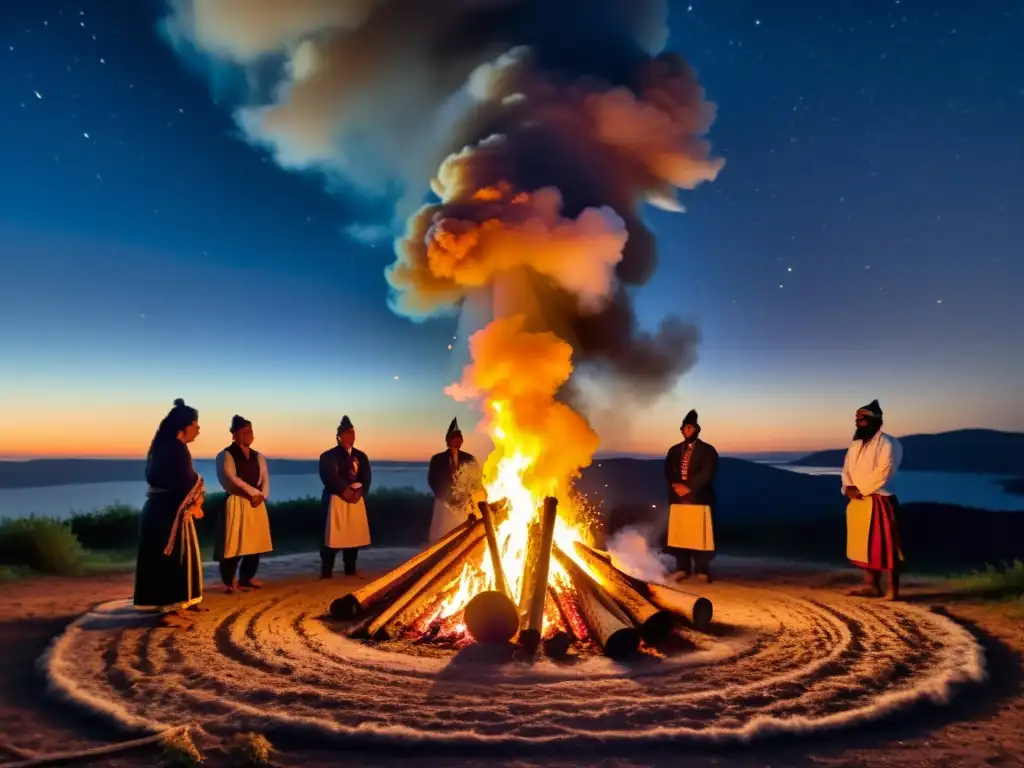 Un ritual ancestral de limpieza con fuego, donde el calor y la luz de la hoguera iluminan rostros mientras se realizan ofrendas