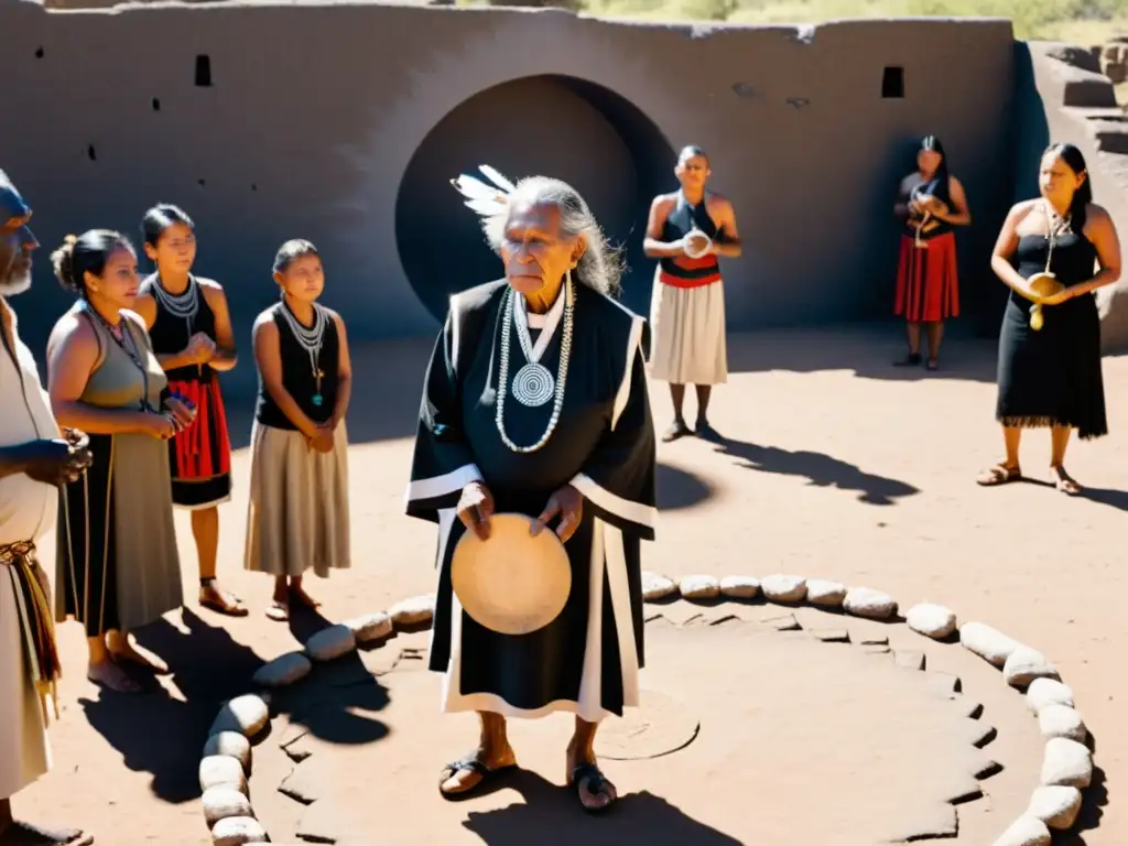 Indígena realiza ritual ancestral en ruinas, rodeado de admiradores en un momento de reverencia