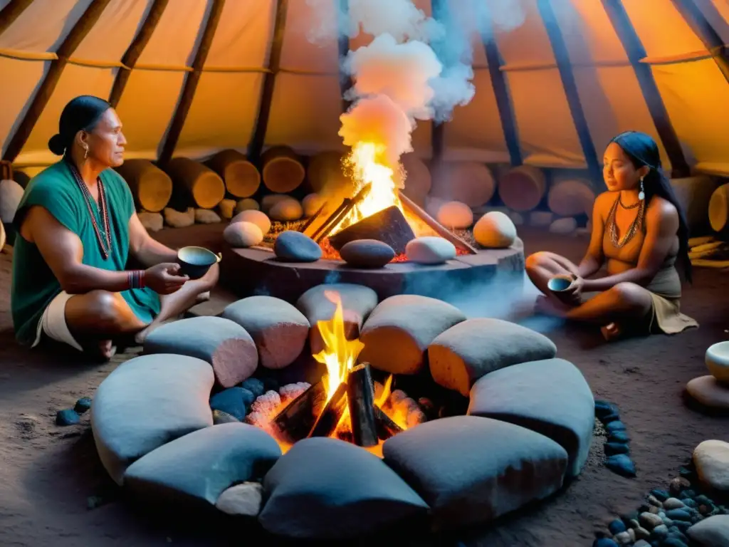 Un ritual ancestral de sanación moderna en una ceremonia de sudación nativa americana, con participantes purificándose en el vapor de la choza