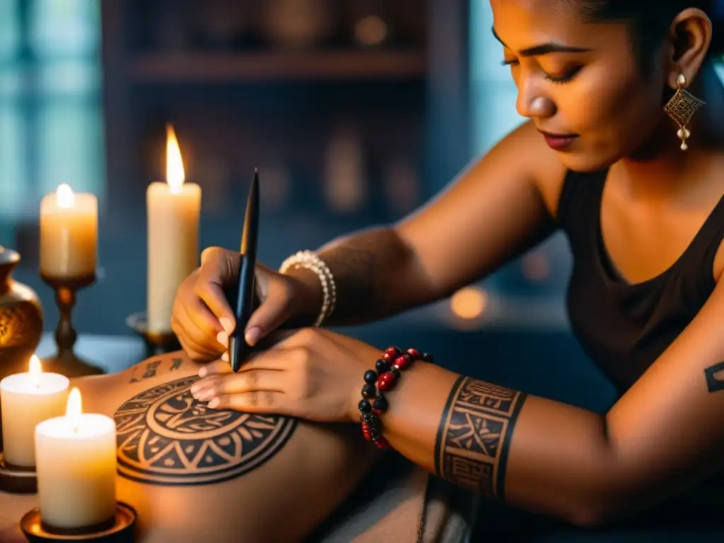 Un ritual ancestral de tatuajes con historia de rituales, donde un artista aplica diseños intrincados a mano mientras rodeado de símbolos culturales