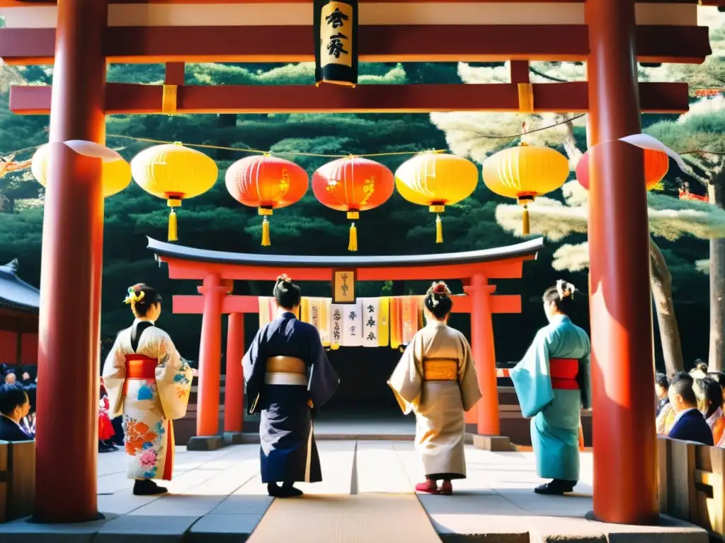 Ritual de Año Nuevo en un santuario sintoísta japonés, con kimonos y decoraciones vibrantes