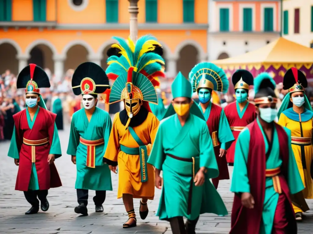 Una procesión ritual antigua llena de color y tradición en una plaza histórica