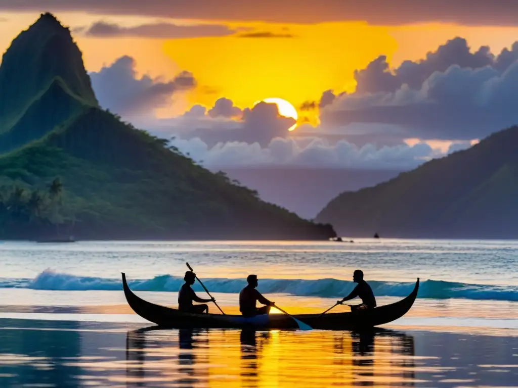 El Ritual del Po en Polinesia: Atardecer impresionante sobre el océano Pacífico, canoa tradicional y rituales ceremoniales en la costa