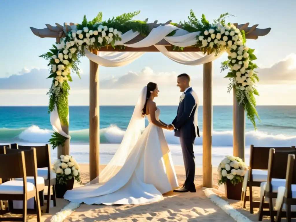 Ritual de boda en el mar con arco decorado y vista al océano, en una escena romántica e inolvidable