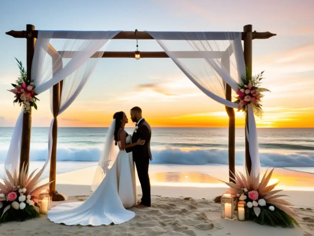 Ritual de boda en el mar al atardecer con colores cálidos, novios intercambiando votos bajo un dosel playero