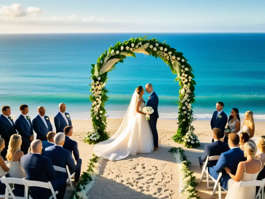 Ritual de boda en el mar: Ceremonia nupcial en la playa con vista a la inmensidad del océano, rodeada de belleza natural y amor