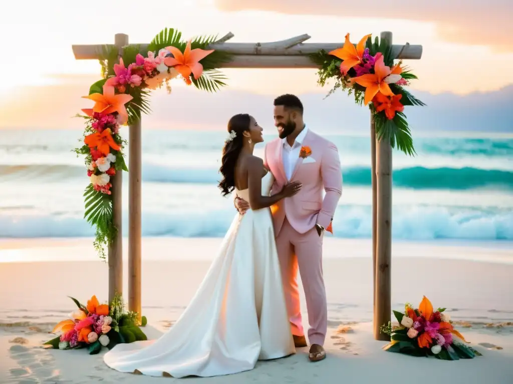 Ritual de boda en el mar: Una pareja de novios descalzos en la playa al atardecer, con el mar en tonos rosados y naranjas