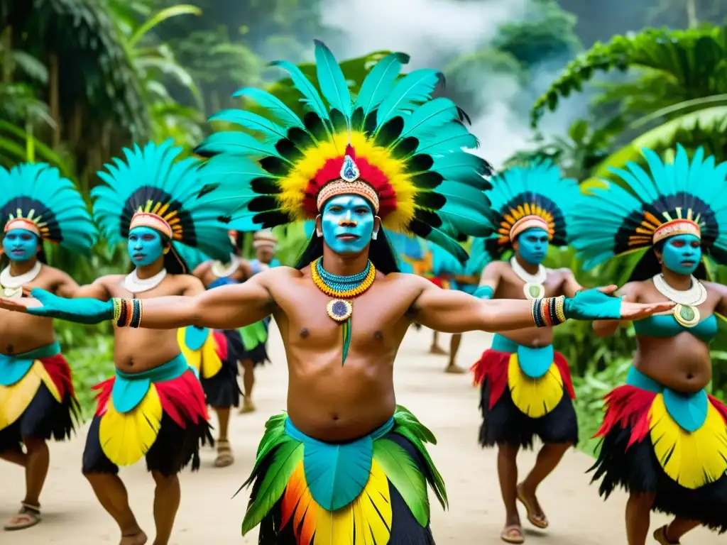 Ritual BoiBumbá folclore selva: Danza vibrante en la selva amazónica con trajes coloridos y ritmo de tambores