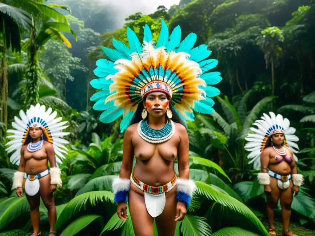 Ritual BoiBumbá folclore selva: Indígenas con trajes vibrantes y plumas, en círculo en la selva amazónica, pasan un colorido tocado