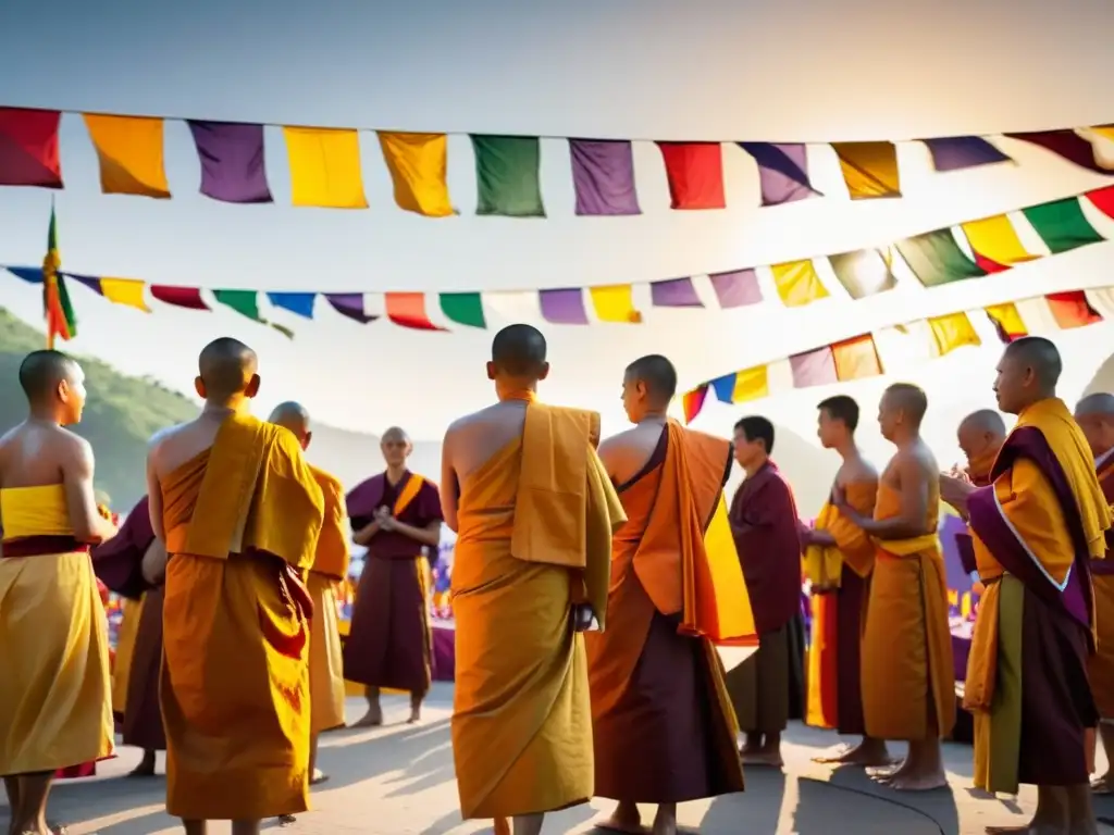 Un ritual budista de graduación espiritual con monjes en saffron y estudiantes arrodillados bajo el sol poniente