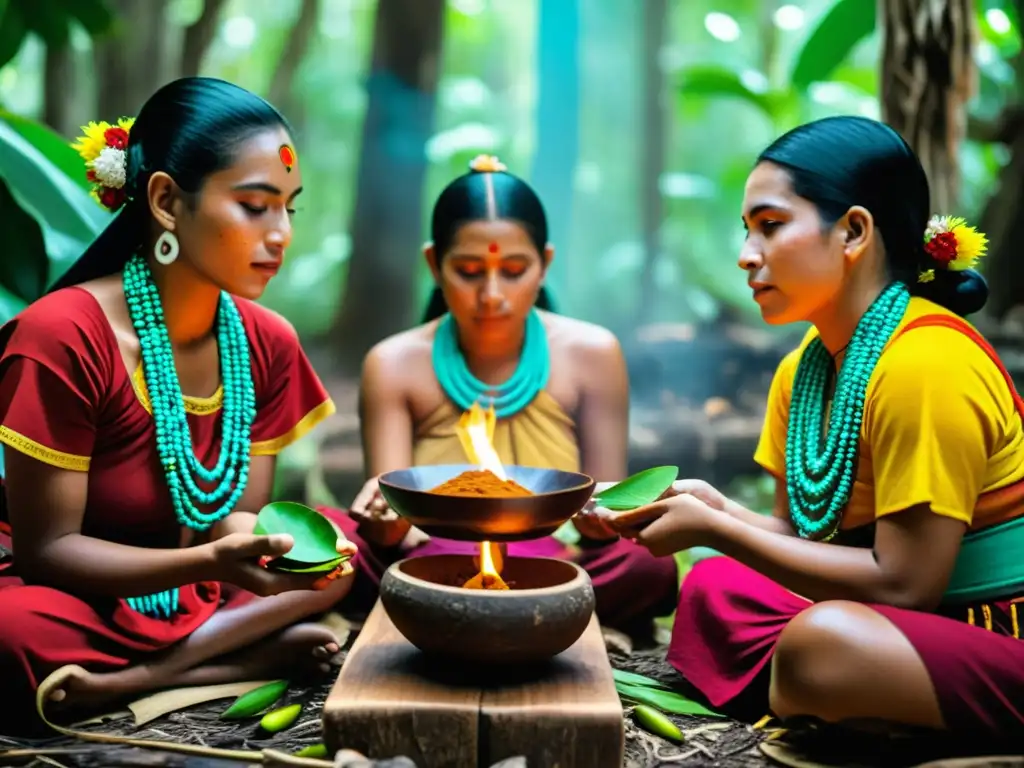 Ritual de cacao maya tradición: Ceremonia en la selva con vestimenta vibrante, utensilios tradicionales y reverencia en los rostros