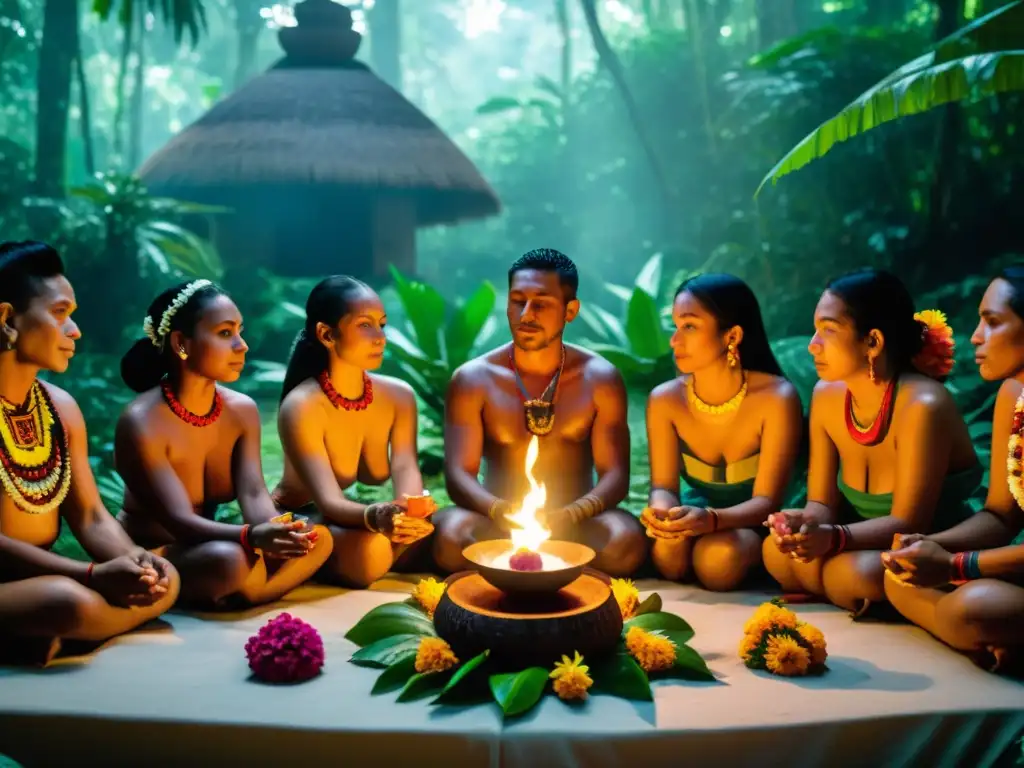 Ritual de cacao maya tradicional en la exuberante selva: altar con flores, velas y comunitarios en ceremonia sagrada entre la naturaleza mística