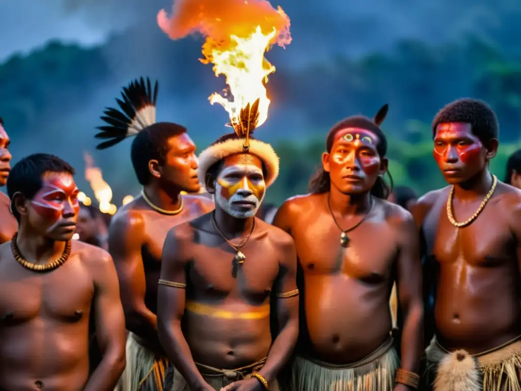 Ritual del Casabe: Yanomami preparando el pan tradicional alrededor de un fuego, con pinturas y plumas, en una ceremonia ancestral