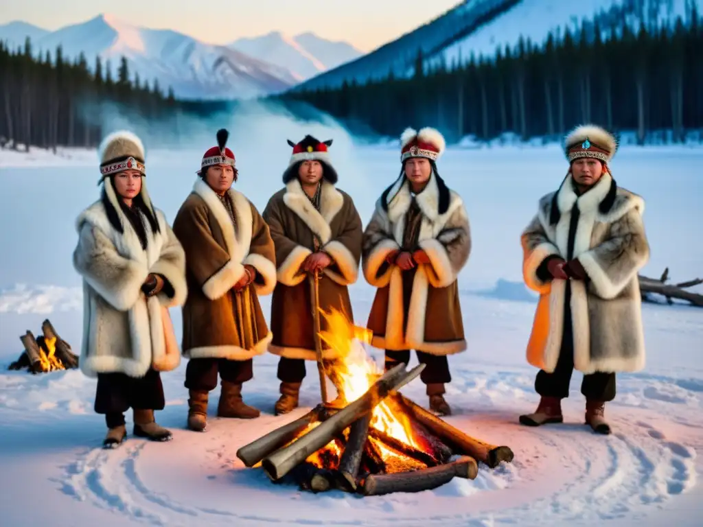 Ritual de caza del oso en Siberia: cazadores indígenas en ceremonia alrededor de la fogata en la nevada taiga