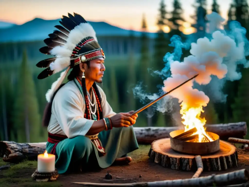 Un ritual chamánico en la taiga siberiana, con humo de hierbas y el chamán en trance