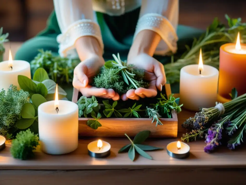 Un ritual cuidadoso con hierbas frescas, velas y cristales en una atmósfera cálida y espiritual