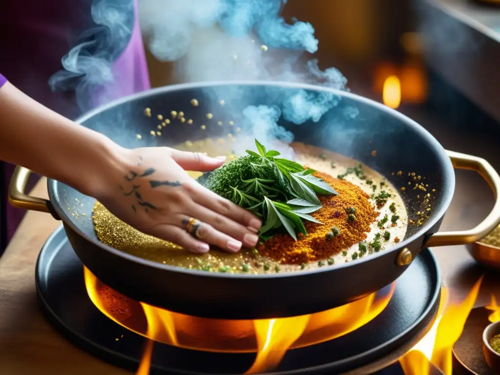 Un ritual culinario: manos adornadas con tatuajes esparcen hierbas y especias en una sartén humeante, evocando una antigua magia culinaria