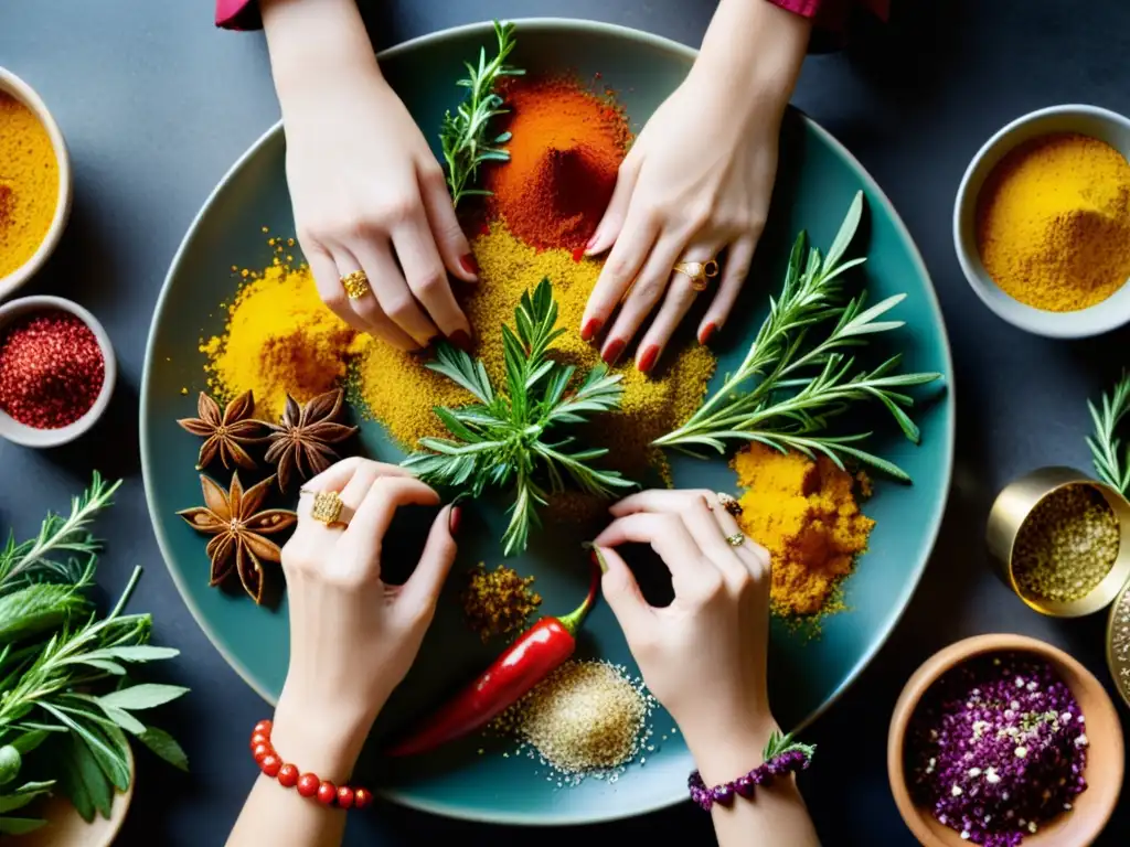 Un ritual culinario: manos adornadas con anillos y pulseras esparcen hierbas y especias sobre un plato de comida