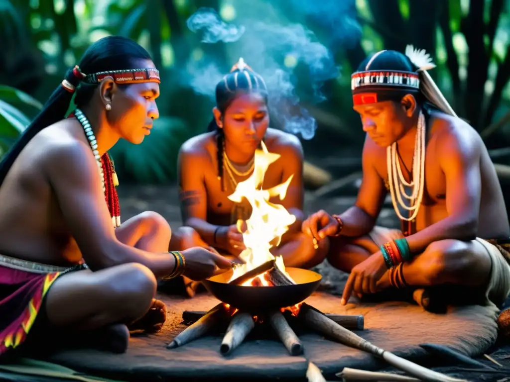 Un ritual de adivinación en culturas indígenas: chamanes en la selva, ataviados con coloridos atuendos, conectan con lo espiritual en torno a un fuego