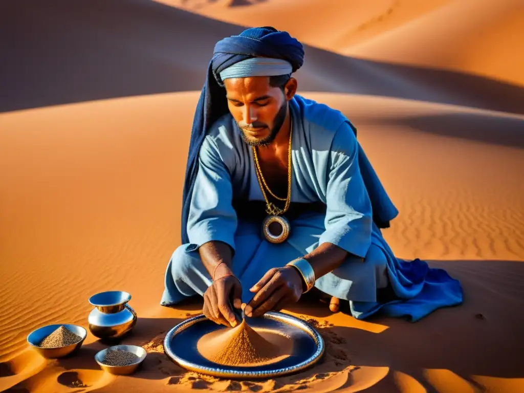 Un ritual de purificación en el desierto del Sahara: un tuareg realiza una antigua ceremonia entre las cálidas dunas doradas