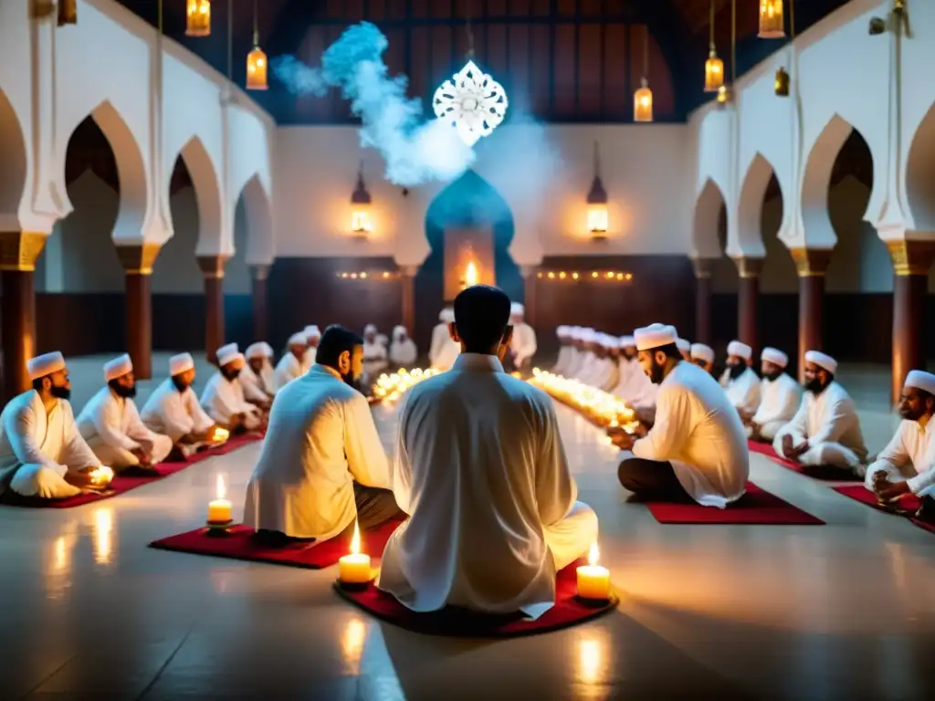 Ritual Sufi dhikr en la mezquita: movimientos rítmicos, cantos y atmósfera espiritual con túnicas blancas, velas e incienso