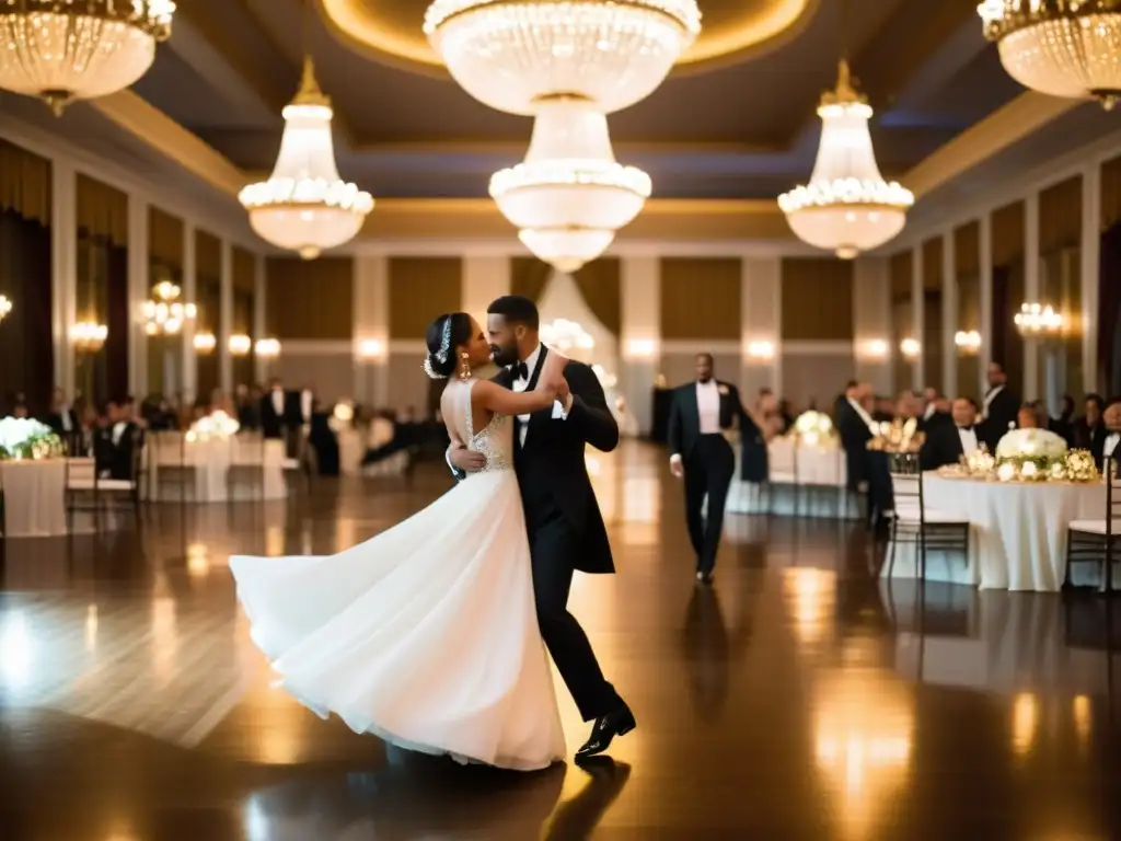 Baile de gala: Elegancia y sofisticación en un salón de lujo Ritual de elegancia en fiestas: Baile refinado en lujoso salón, invitados elegantes y chandeliers deslumbrantes crean atmósfera de sofisticación