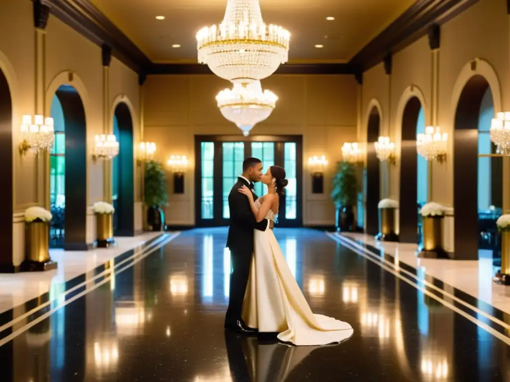 Salón de baile de lujo: alta sociedad, elegancia y glamour Ritual de elegancia en fiestas: Salón lujoso con candelabros de cristal, escalera grandiosa y elegantes invitados