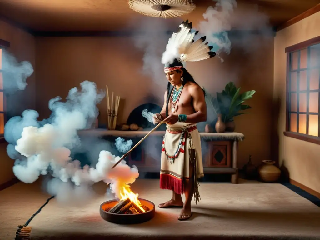 Ritual de purificación con elementos decorativos, personaje realizando ceremonia de smudging con humo de sahumerio