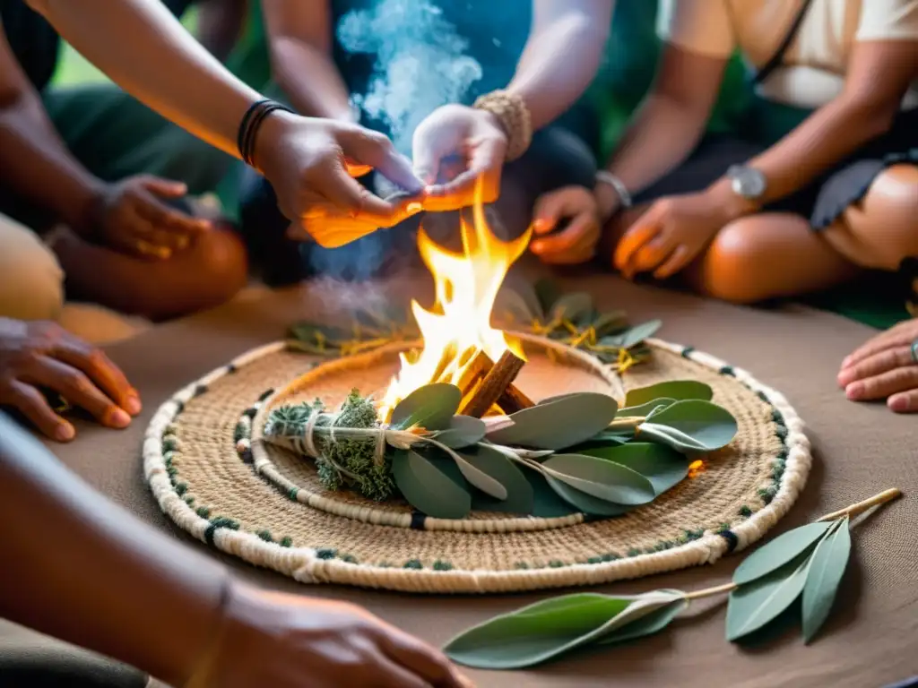 Un ritual de purificación energética del alma se lleva a cabo con humo de salvia, creando una atmósfera de paz y conexión espiritual