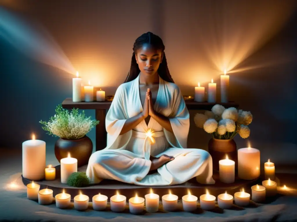 Un ritual de purificación energética del alma en un espacio sereno, iluminado por velas, hierbas aromáticas y cristales, evocando tranquilidad