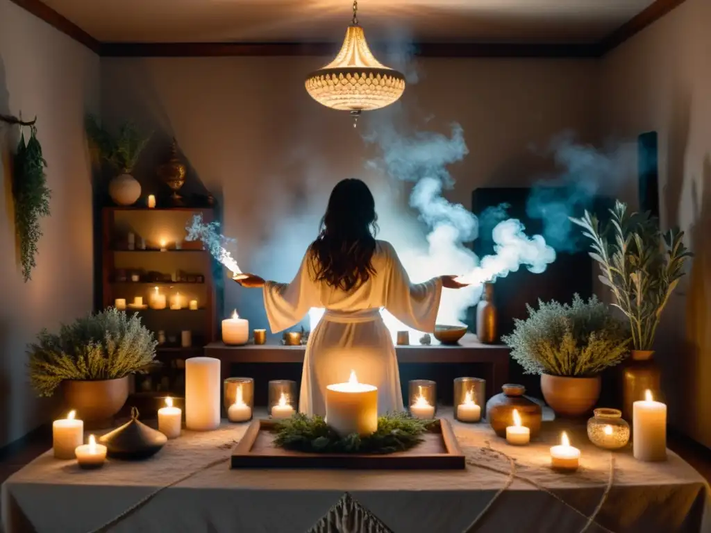 Un ritual de purificación energética del alma en una habitación serena y tenue, con velas que proyectan sombras danzantes en las paredes