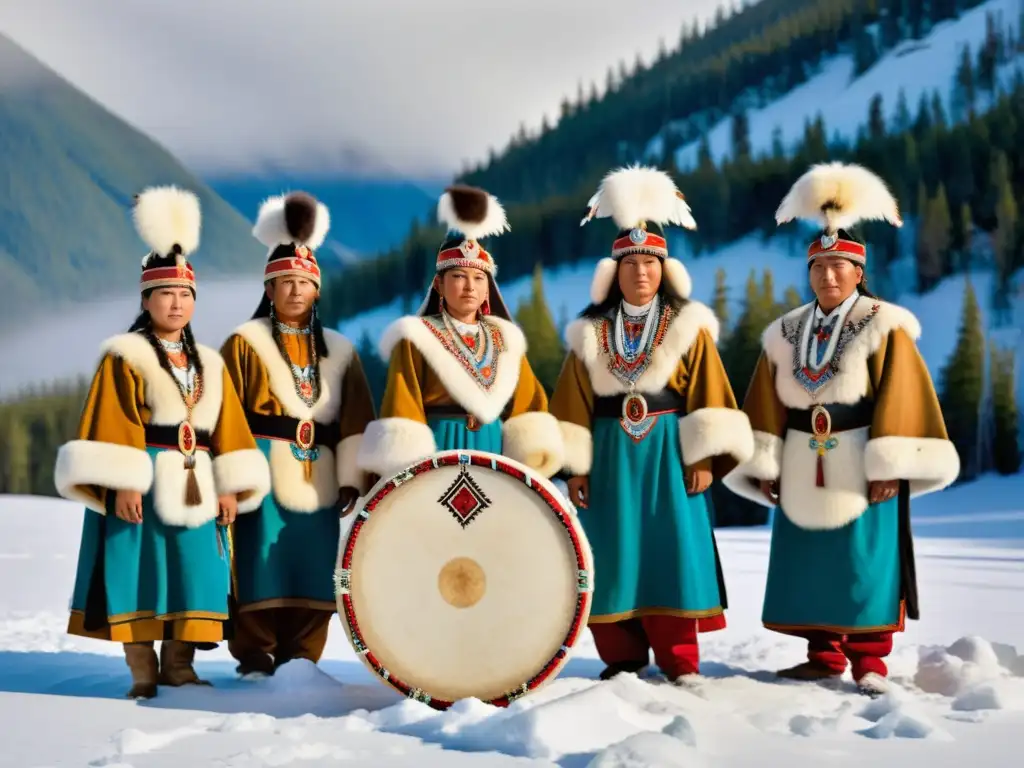 Ritual de comunicación espiritual de pueblos nativos siberianos alrededor de un gran tambor ceremonial, con vestimenta tradicional adornada y paisaje nevado al fondo