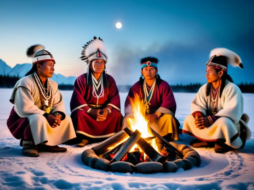 Ritual de purificación chamanes Evenki en la remota Siberia: una escena mística con fuego, humo, paisaje nevado y la luna