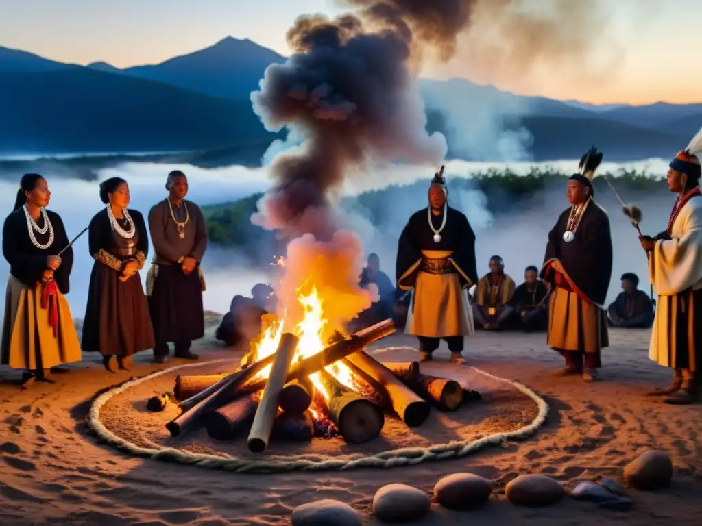 Shamán realiza ritual alrededor del fuego sagrado para honrar a los espíritus de los animales y dar gracias por el alimento