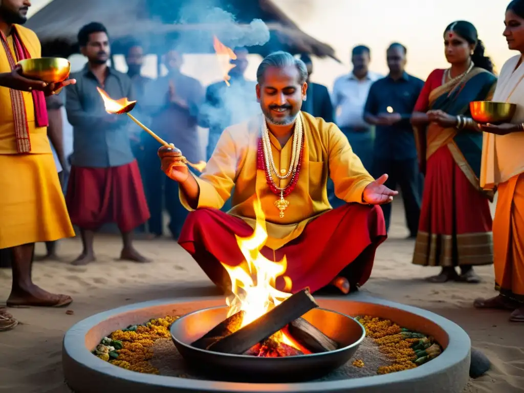 Un ritual de Yajna con fuego sagrado y ofrendas, reflejando el significado y origen del Yajna en una escena vibrante y espiritual