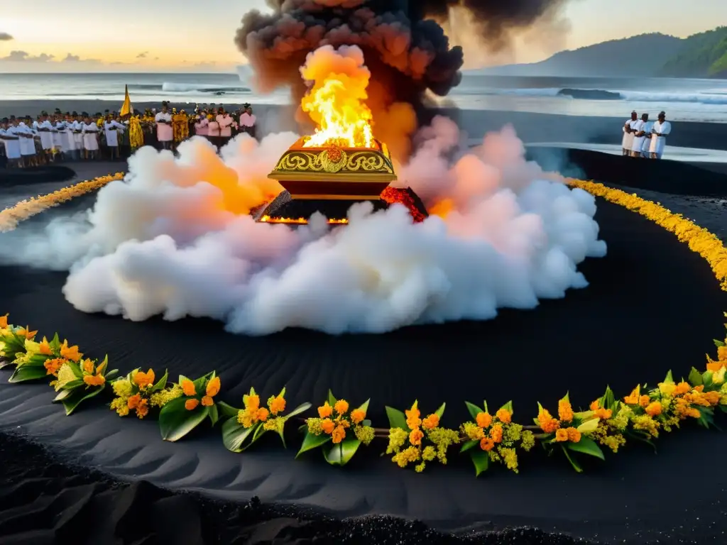 Un ritual funerario balinés en una playa de arena negra con un sarcófago en forma de toro rodeado de familiares vestidos de blanco y oro